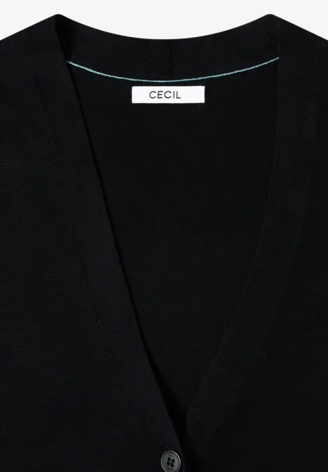 Zwarte V-halsgebreide cardigan met knoopsluiting en CECIL-label in de nek.