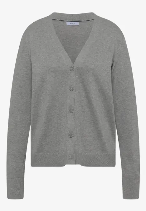 Cardigan boutonné à col V mineral grey melange Graue Damenstrickjacke mit V-Ausschnitt, Knopfleiste und langen Ärmeln