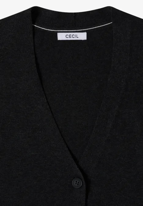 Cardigan boutonné à col V charcoal grey melange Gilet en maille noir à col en V et boutonnière, étiquette 'Cecil' au dos du col.
