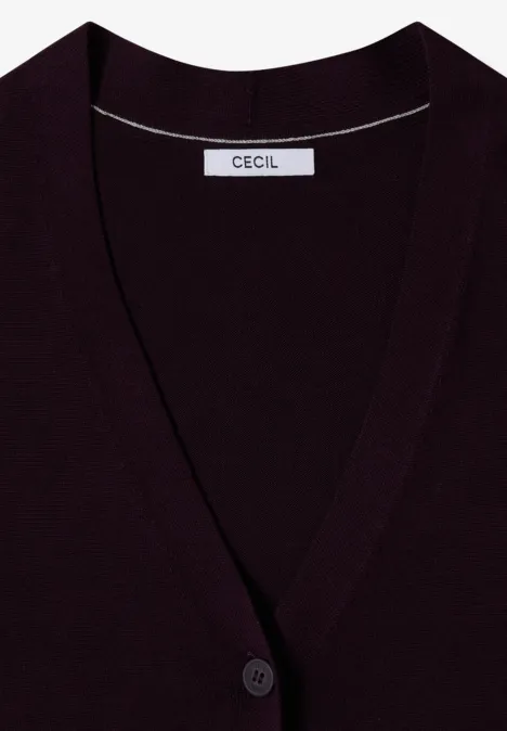 Kardigan z dekoltem w szpic i listwą guzikową eggplant red Damski ciemnofioletowy kardigan z dekoltem w serek i guzikami, marka CECIL
