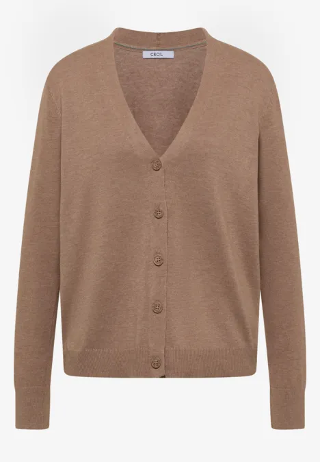 Vest met V-hals en knoopsluiting creamy mocha melange Beige-braune Damen-Cardigan mit V-Ausschnitt, Knopfleiste und langen Ärmeln.