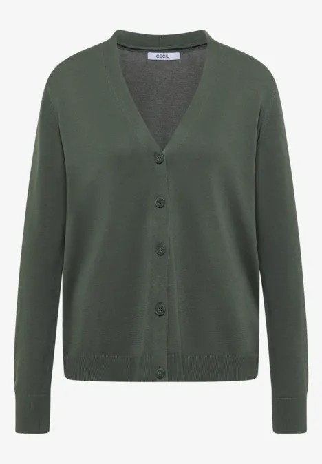 Cardigan mit V-Neck und Knopfleiste dried olive green Grüne Strickjacke mit V-Ausschnitt, Knopfleiste und langen Ärmeln.