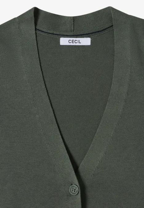 Cardigan mit V-Neck und Knopfleiste dried olive green Dunkelgrüne Strickjacke mit V-Ausschnitt, einem Knopf und Label 'CECIL' am Hals