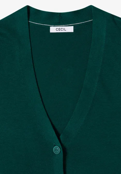 Kardigan z dekoltem w szpic i listwą guzikową dark fir green Ciemnozielony kardigan z dekoltem w serek, zapinany na guziki, prosty design marki "CECIL".