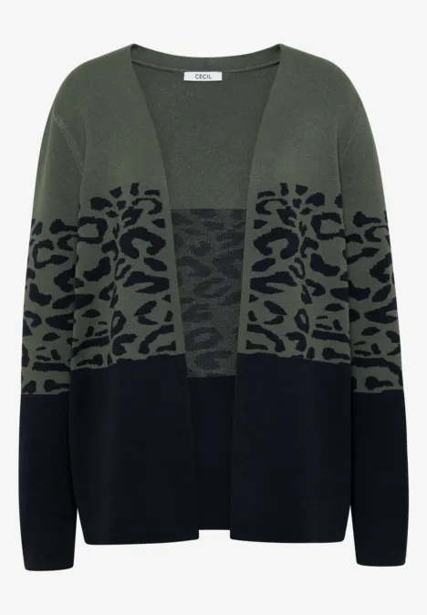 Offener Strickcardigan in Olivgrün und Schwarz mit Leoprint in der Mitte