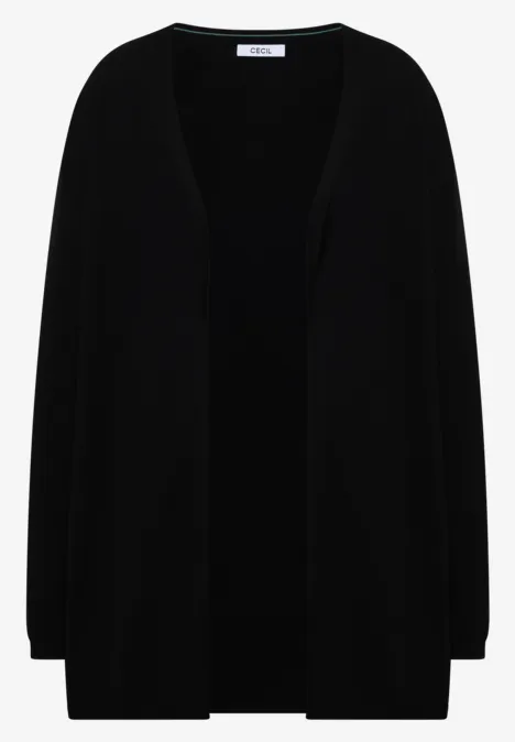 Zwarte opengebreide cardigan met lange mouwen en V-hals.