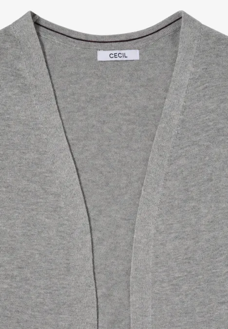 Offener Cardigan in langer Passform mineral grey melange Graue, offene Strickjacke mit V-Ausschnitt und Label 'CECIL'.