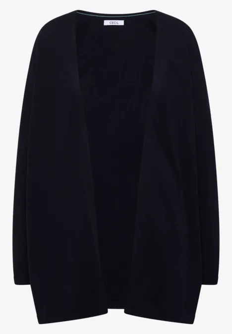 Zwarte, opengebreide cardigan met lange mouwen en een eenvoudig, tijdloos design.