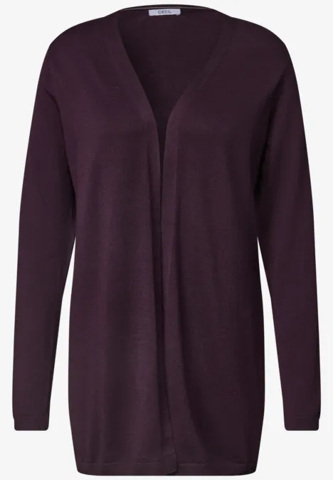 Gilet en maille violet foncé, coupe longue, col V ouvert et manches longues