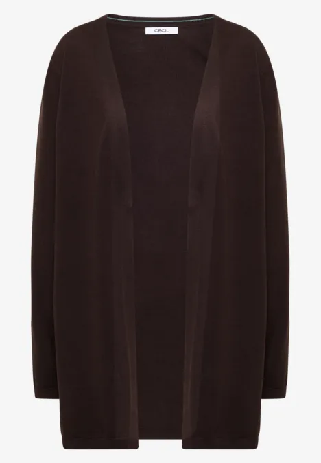 Donkerbruine, openvallende gebreide cardigan met lange pasvorm en eenvoudige details.