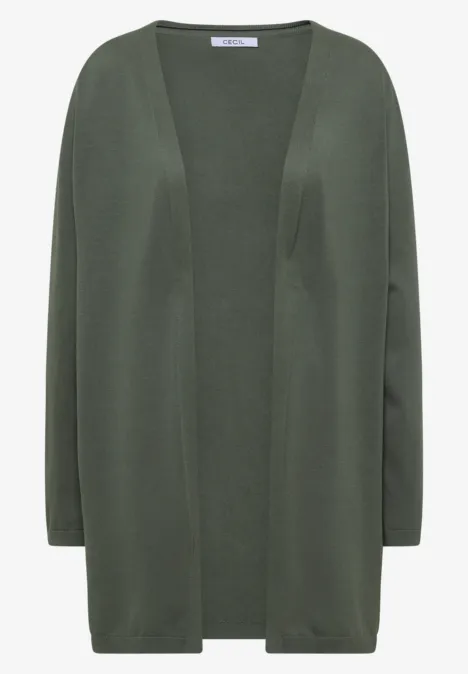 Dunkelgrüne, offene Strickjacke mit langem Schnitt und langen Ärmeln.