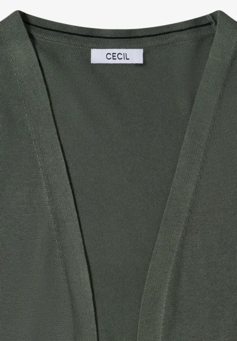 Dunkelgrüne, offene Damenstrickjacke mit V-Ausschnitt und CECIL-Label am Kragen.