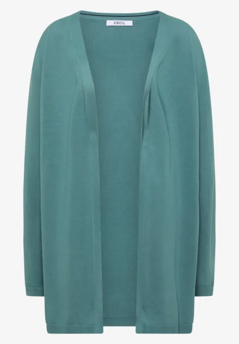 Locker fallende, offene Strickjacke in petrolblau