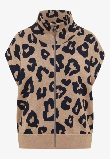Ärmellose Jacke mit durchgehendem Reißverschluss und Leopardenmuster in Beige und Schwarz.