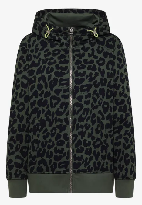 Sweatjacke mit Kapuze und Leo-Muster dried olive green Grüne Kapuzenjacke mit schwarzem Leopardenmuster, durchgehendem Reißverschluss und Kordelzug.