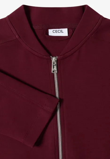 Sweat Blouson mit Tunnelzug red wine Bordeauxrote Bomberjacke mit silbernem Reißverschluss und CECIL-Label.