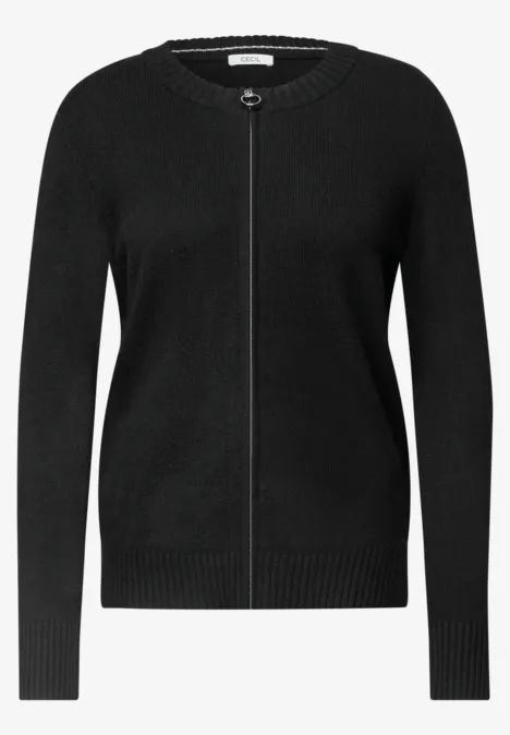 Langarm Cardigan mit Rundhals und Zipper Black Schwarze Strickjacke mit rundem Ausschnitt und durchgehendem Reißverschluss