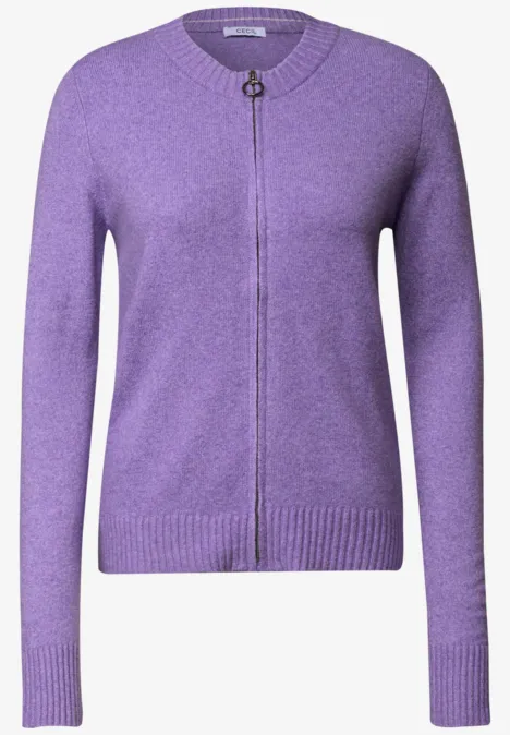 Cardigan zippé à manches longues et col rond pastel lilac melange Reißverschluss-Strickjacke in Violett mit Rundhals, langen Ärmeln und Rippenbündchen.