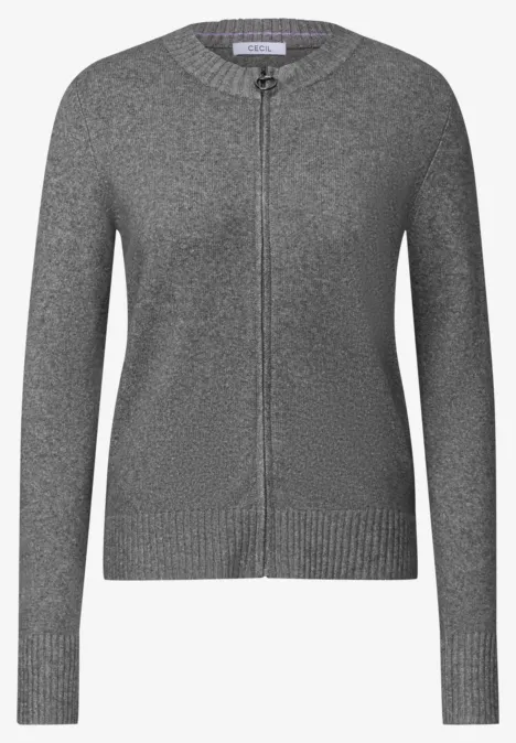 Langarm Cardigan mit Rundhals und Zipper flint grey melange Grauer Strickcardigan mit Reißverschluss und Rippbündchen