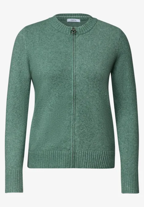 Vest met ronde hals en rits jewel green melange Groene gebreide cardigan met ritssluiting, lange mouwen en geribde boorden.