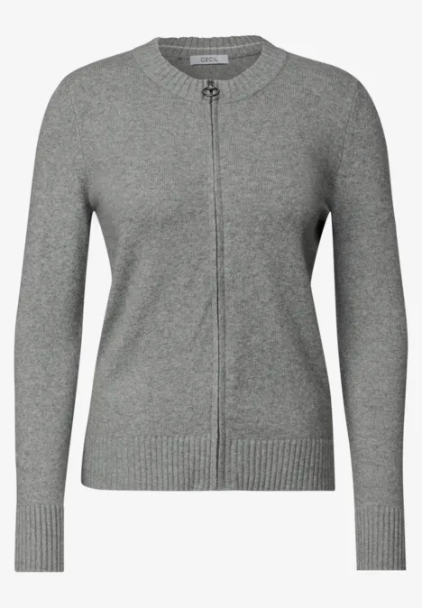 Graue Damen-Strickjacke mit Reißverschluss und Rundhalsausschnitt.