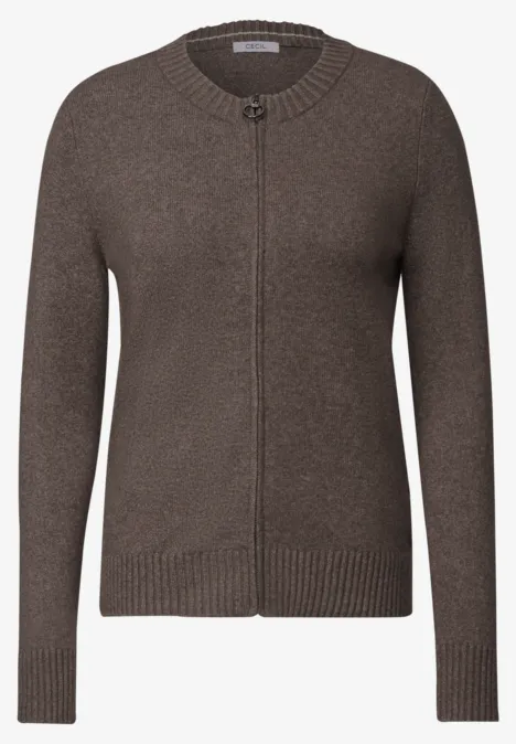Langarm Cardigan mit Rundhals und Zipper mushroom taupe melange Brauner Feinstrick-Cardigan mit Reißverschluss und Rundhalsausschnitt für Damen.