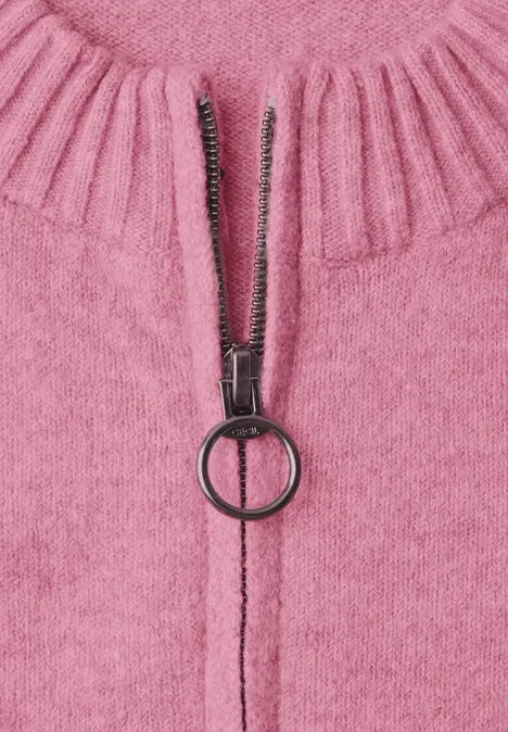 Heller pinker Strickpullover mit Reißverschluss und rundem Ringzipper