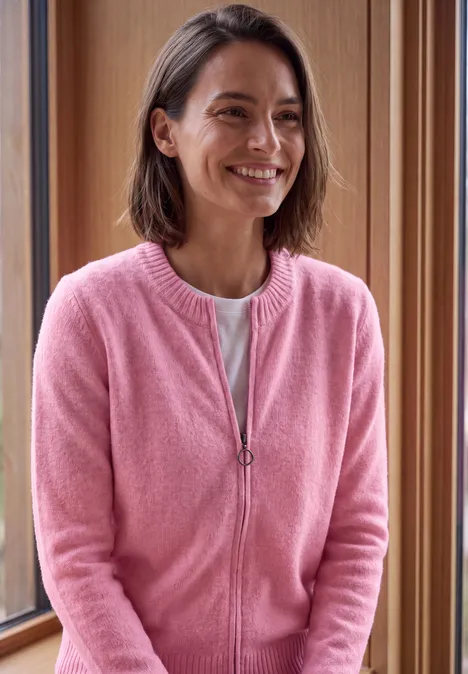 Frau sitzt lächelnd an einem Fenster und trägt einen rosa Cardigan.