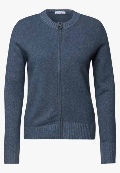 Langarm Cardigan mit Rundhals und Zipper cotton blue melange Damen-Strickjacke in Dunkelblau mit Reißverschluss, Rundhalsausschnitt und gerippten Abschlüssen.