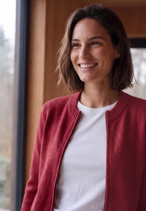 Langarm Cardigan mit Rundhals und Zipper rhubarb melange Eine lächelnde Frau in weißem T-Shirt und rotem Cardigan steht an einem Fenster.