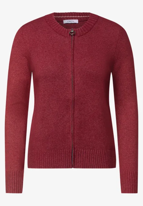Langarm Cardigan mit Rundhals und Zipper rhubarb melange Roter, langer Strickcardigan mit durchgehendem Reißverschluss und Rundhalsausschnitt.
