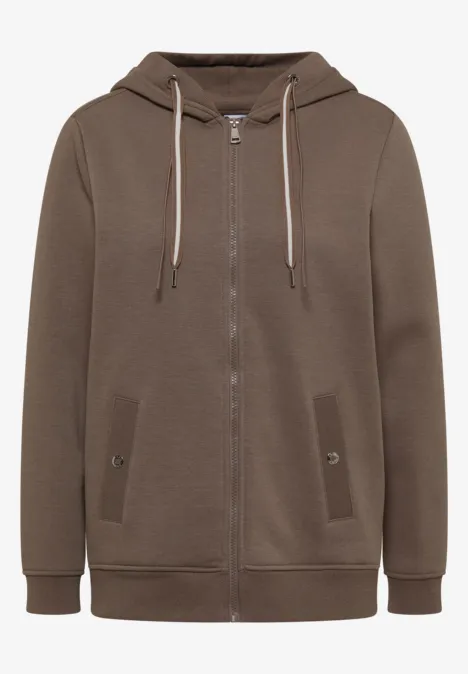 Braune Kapuzenjacke mit Reißverschluss, seitlichen Taschen und Kordelzug, sportlich und lässig.