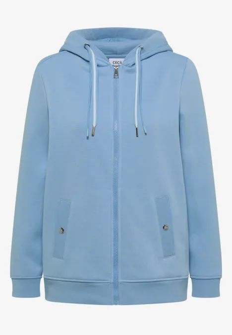 Hellblauer Kapuzenpullover mit Reißverschluss, Kängurutaschen und Kordeln.