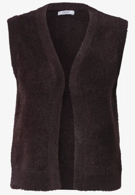 Open vest van veergaren in effen kleur berry red Ärmellose, flauschige Strickweste mit offenem Vorderteil in dunklem Braun.