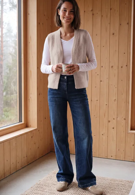 Offene Federgarn-Weste in Unifarbe cashmere beige Eine Frau steht in einem hellen Holzraum am Fenster, trägt Jeans, Cardigan und lächelt.