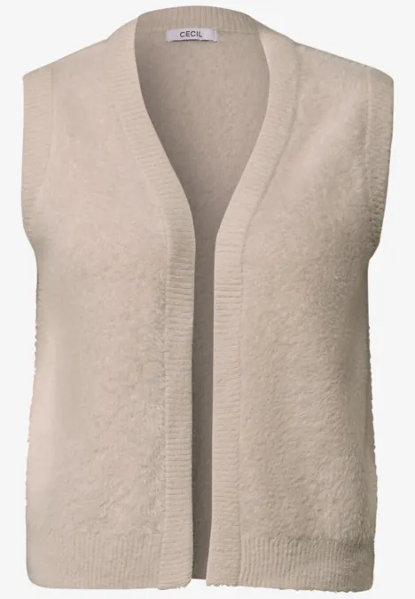 Offene Federgarn-Weste in Unifarbe cashmere beige Ärmellose Strickweste in Beige mit offenem Schnitt und V-Ausschnitt.