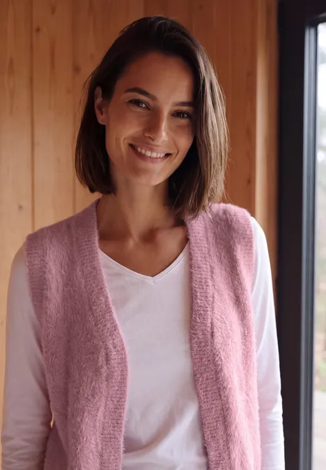 Open vest van veergaren in effen kleur velvet rose Lächelnde Frau mit braunen, kinnlangen Haaren trägt rosafarbene Weste über weißem Shirt in einem Holzraum.