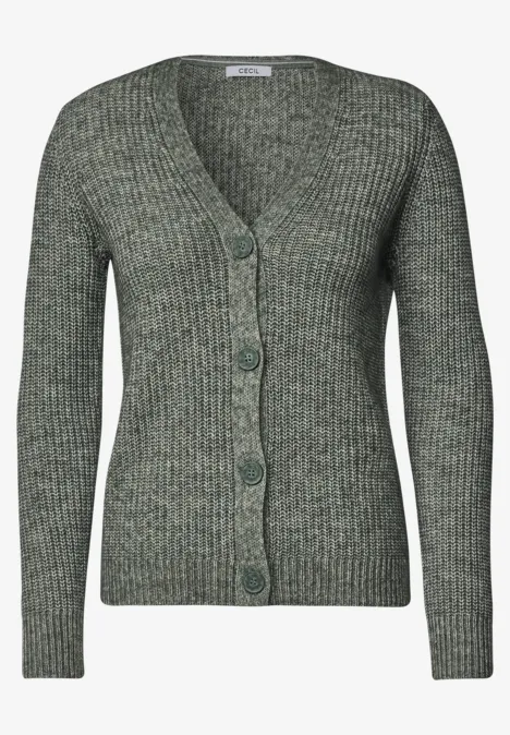 Cardigan en maille côtelée gris-vert, manches longues, col en V et fermeture à boutons sur le devant.
