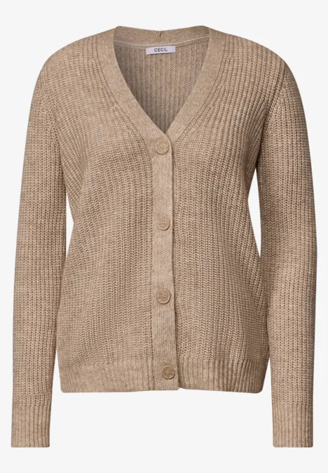 Cardigan beige en maille, manches longues, col V et fermeture à boutons.