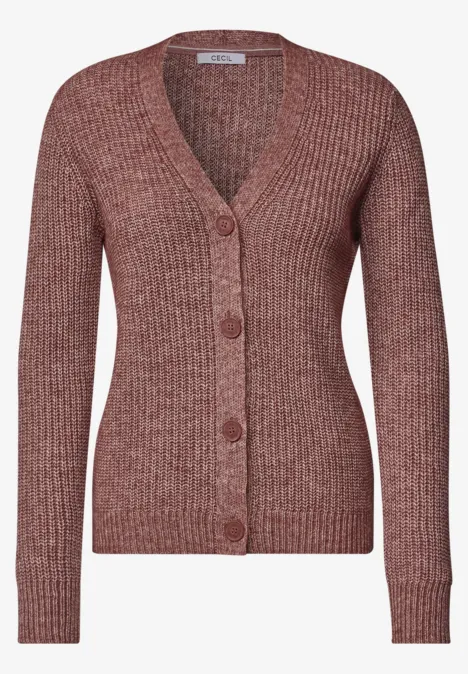 Chunky Cardigan mit V-Neck und Melange-Optik dark russet red melange Ein roséfarbener, gerippter Strickcardigan mit V-Ausschnitt und vier Knöpfen.