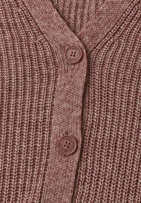 Chunky Cardigan mit V-Neck und Melange-Optik dark russet red melange Brauner, grob gestrickter Cardigan mit sichtbaren Knöpfen im Detail.