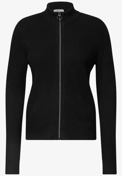 Cardigan mit Stehkragen und Zipper Black Schwarze, fein gerippte Strickjacke mit durchgehendem Reißverschluss und Stehkragen.