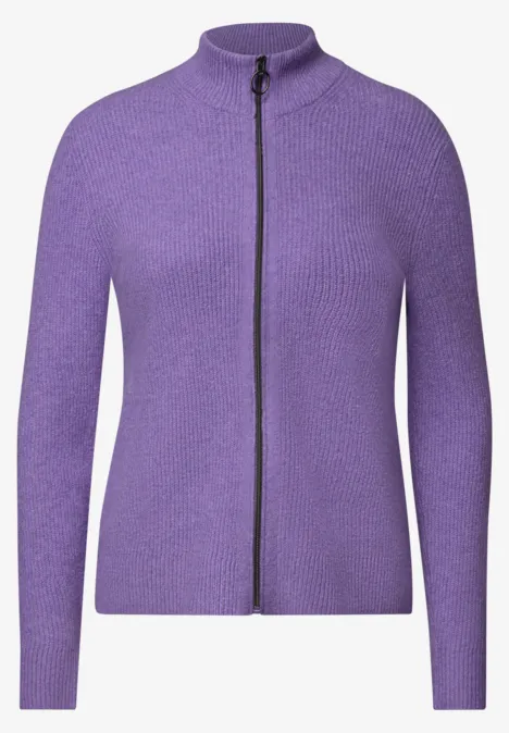 Cardigan mit Stehkragen und Zipper pastel lilac melange Violette Strickjacke mit Stehkragen und durchgehendem Reißverschluss, lange Ärmel.