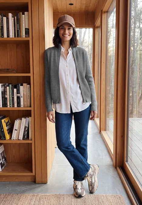 Cardigan zippé à col montant flint grey melange Eine lächelnde Frau in Jeans, weißer Bluse, grauer Strickjacke und Mütze steht in einem Holzraum an einem Bücherregal.