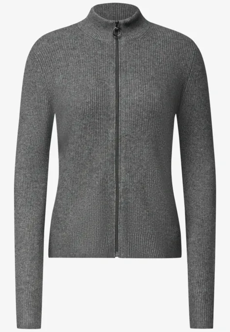 Cardigan zippé à col montant flint grey melange Graue Damenstrickjacke mit Reißverschluss, Stehkragen und langen Ärmeln.