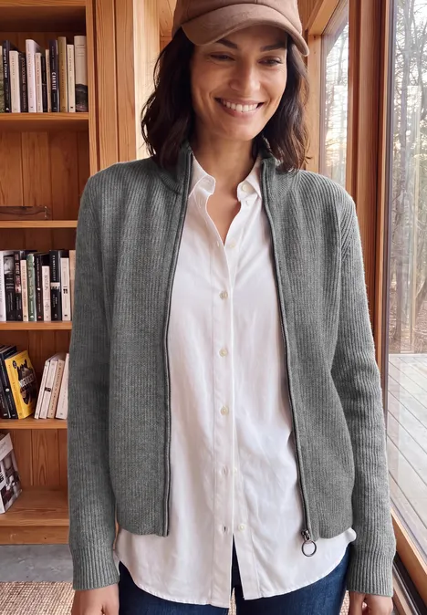 Cardigan zippé à col montant flint grey melange Frau steht lächelnd in hellgrauer Strickjacke und weißem Hemd vor Bücherregal und Fenster.