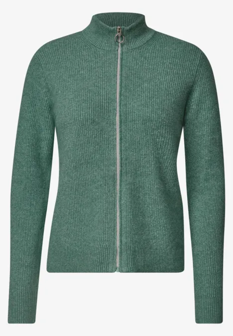 Cardigan mit Stehkragen und Zipper jewel green melange Grüne Strickjacke mit durchgehendem Reißverschluss, langärmelig und schmal geschnitten.