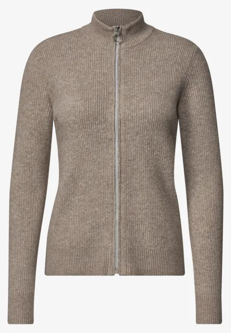 Cardigan en maille marron avec fermeture éclair et col montant