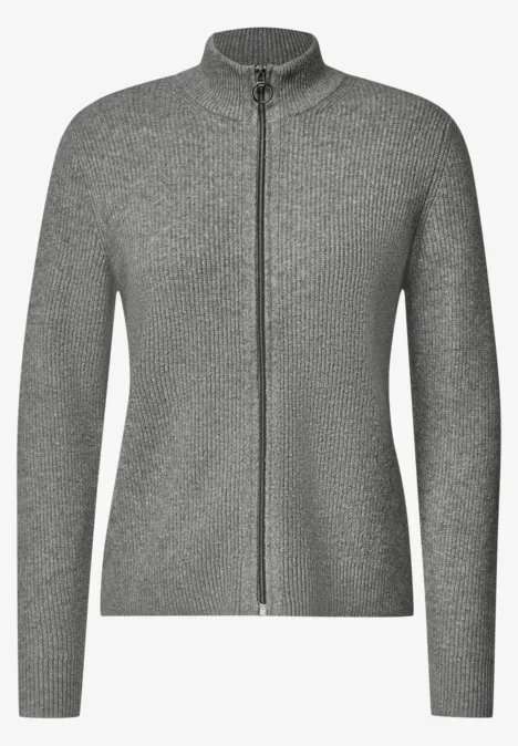 Cardigan mit Stehkragen und Zipper sporty grey melange Grauer, feinstrukturierter Cardigan mit Reißverschluss und Stehkragen.