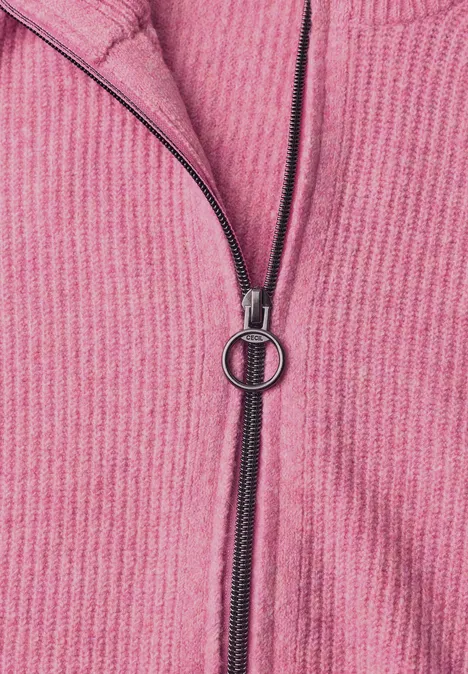 Cardigan mit Stehkragen und Zipper dark blossom melange Rosafarbener, gerippter Stoff mit Reißverschluss und rundem Zipperanhänger